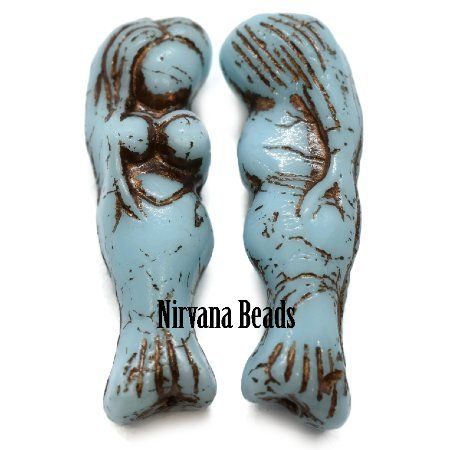 Czech Glass Mermaid Bead - Sky Blue with Brown - each