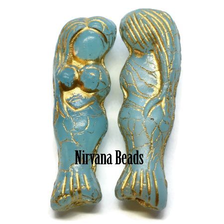 Czech Glass Mermaid Bead - Sky Blue with Bronze - each