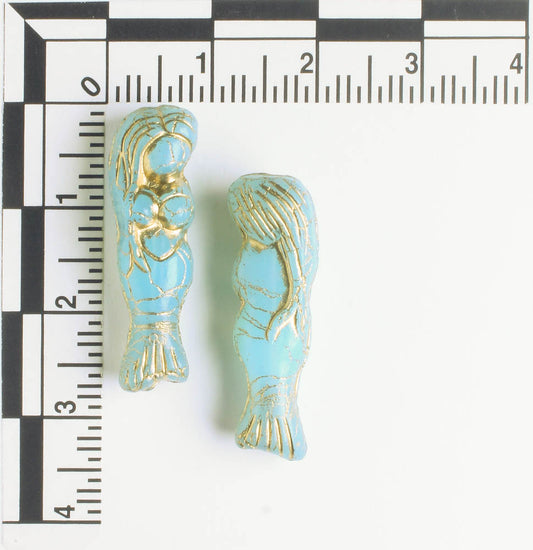 Czech Glass Mermaid Bead - Sky Blue with Bronze - each