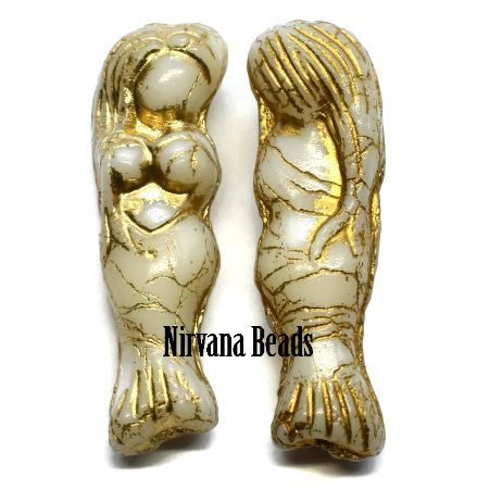 Czech Glass Mermaid Bead - Ivory with Bronze - each