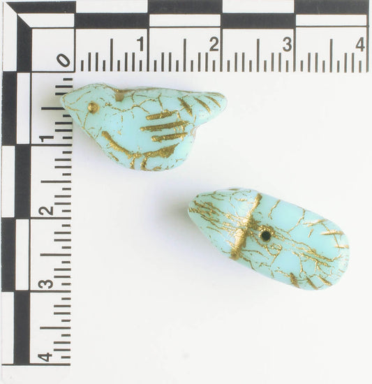 Czech Glass Bird Bead - Tea Green with a Gold Wash - each