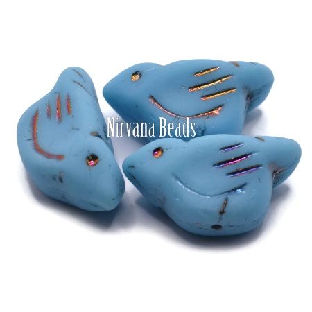 Czech Glass Bird Bead - Matte Sky Blue with a Metallic Wash - each