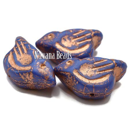 Czech Glass Bird Bead - Matte Indigo with Copper - each