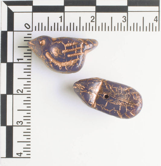 Czech Glass Bird Bead - Indigo with Copper - each