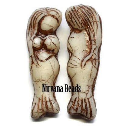 Czech Glass Mermaid Bead - Beige with Brown - each