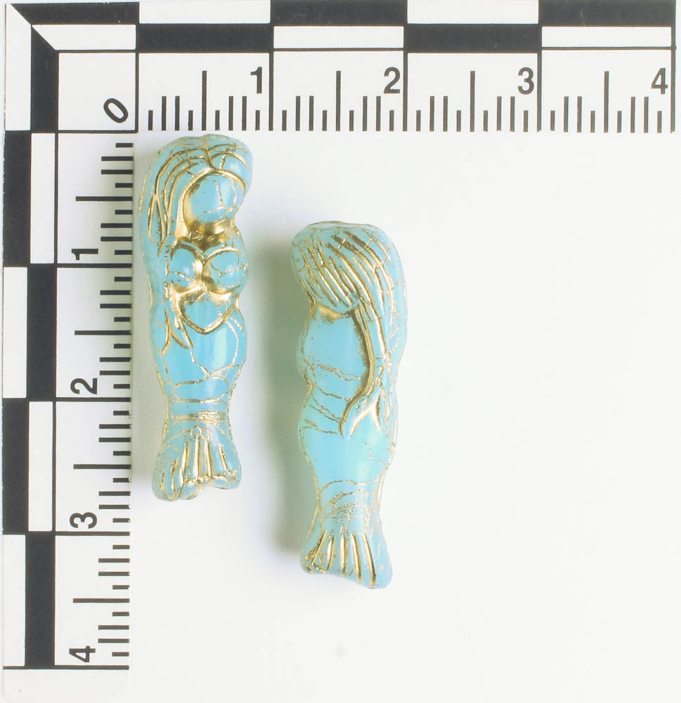 Czech Glass Mermaid Bead - Sky Blue with Bronze - each