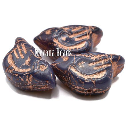 Czech Glass Bird Bead - Indigo with Copper - each