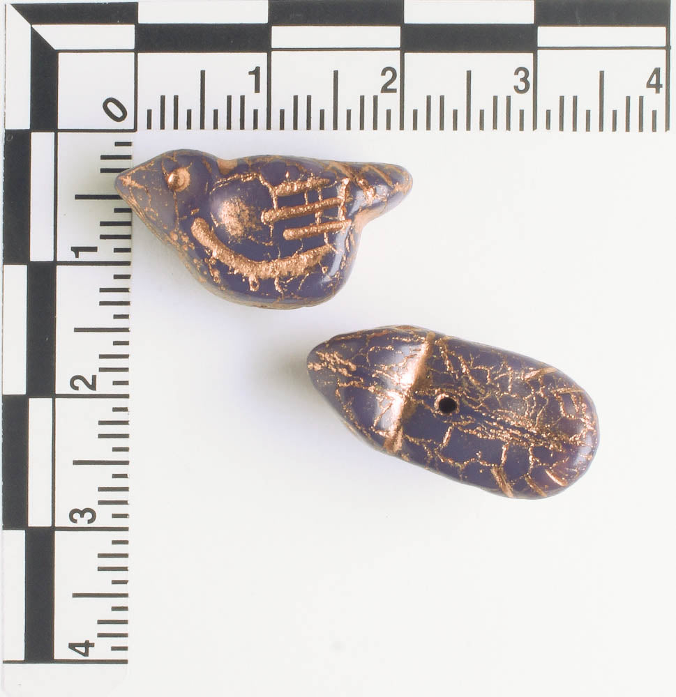 Czech Glass Bird Bead - Indigo with Copper - each