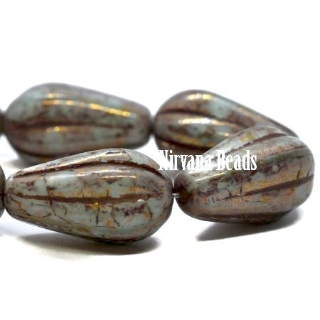Czech Glass Melon Drop Bead - Pale Blue Green with Gold - each