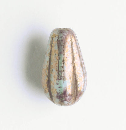 Czech Glass Melon Drop Bead - Pale Blue Green with Gold - each