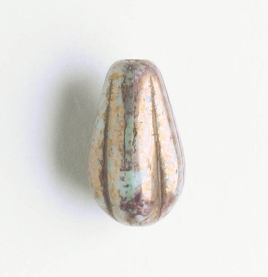 Czech Glass Melon Drop Bead - Pale Blue Green with Gold - each