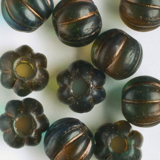 8mm Large Hole Melon - Teal, Amber, and Artichoke with Copper