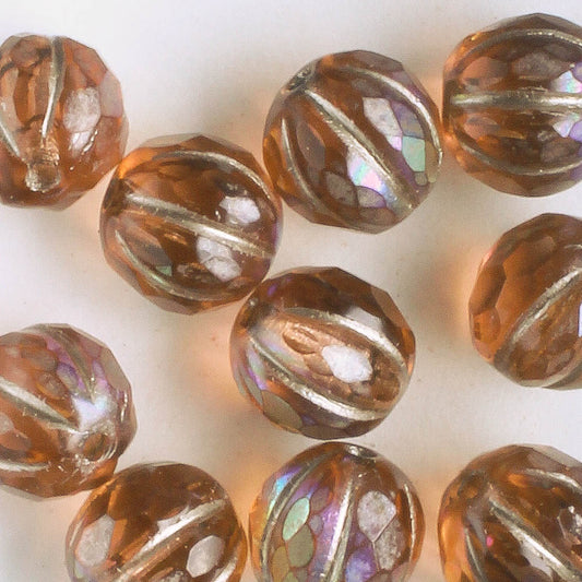 8mm Faceted Melon - Peach AB with Beige