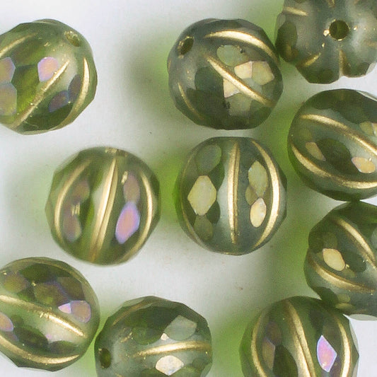 8mm Faceted Melon - Avocado with Gold Luster