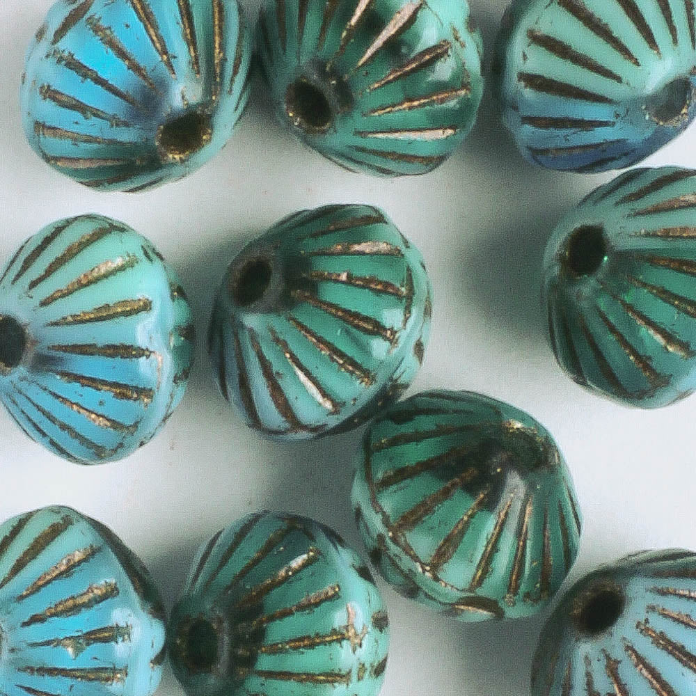 9mm Large Hole Tribal Bicone - Teal with Bronze