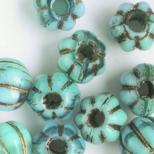 8mm Large Hole Melon - Blue Green with Bronze