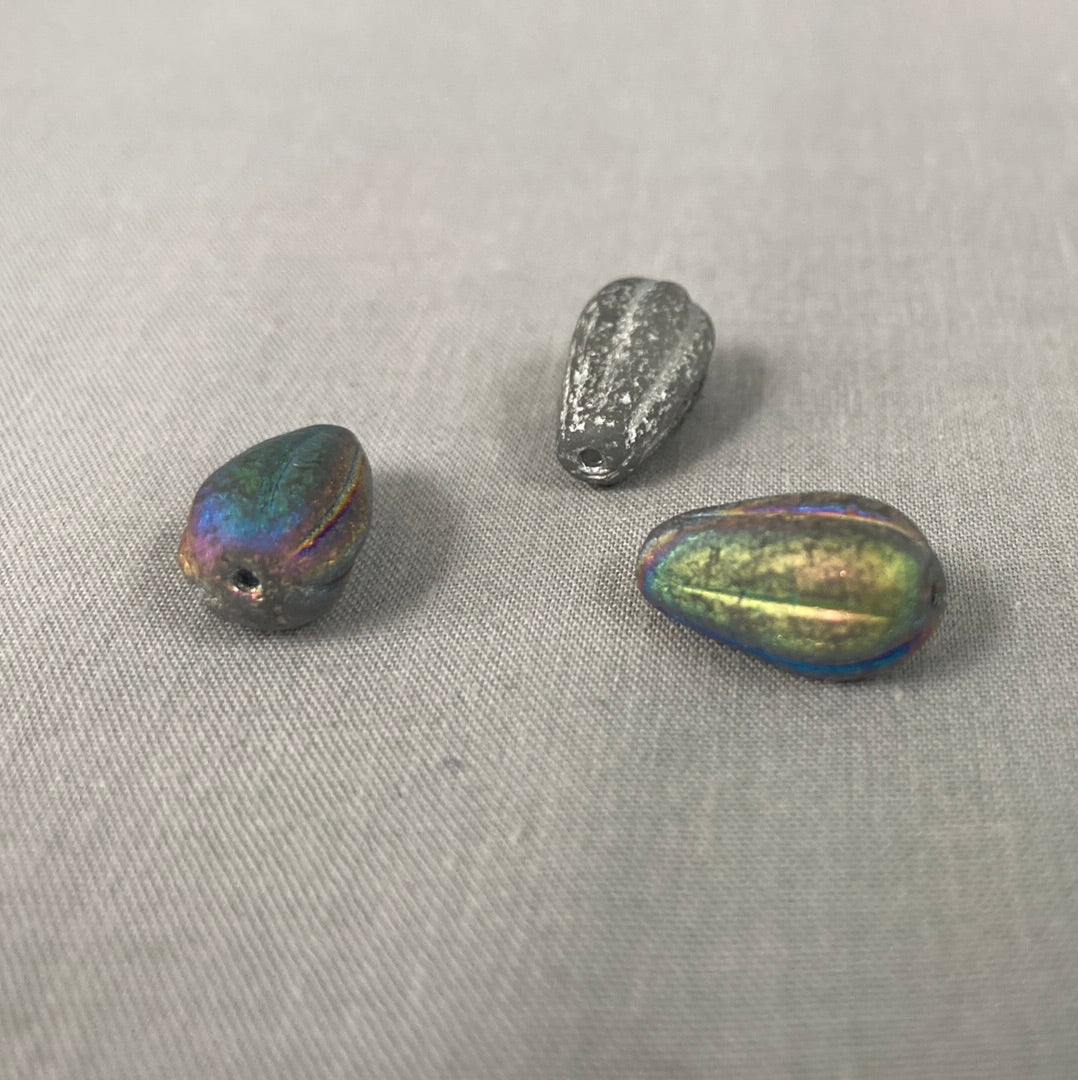 Czech Glass Melon Drop Bead - Antique Silver AB with Etched Finish - each