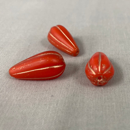 Czech Glass Melon Drop Bead - Ladybug Red with Copper - each