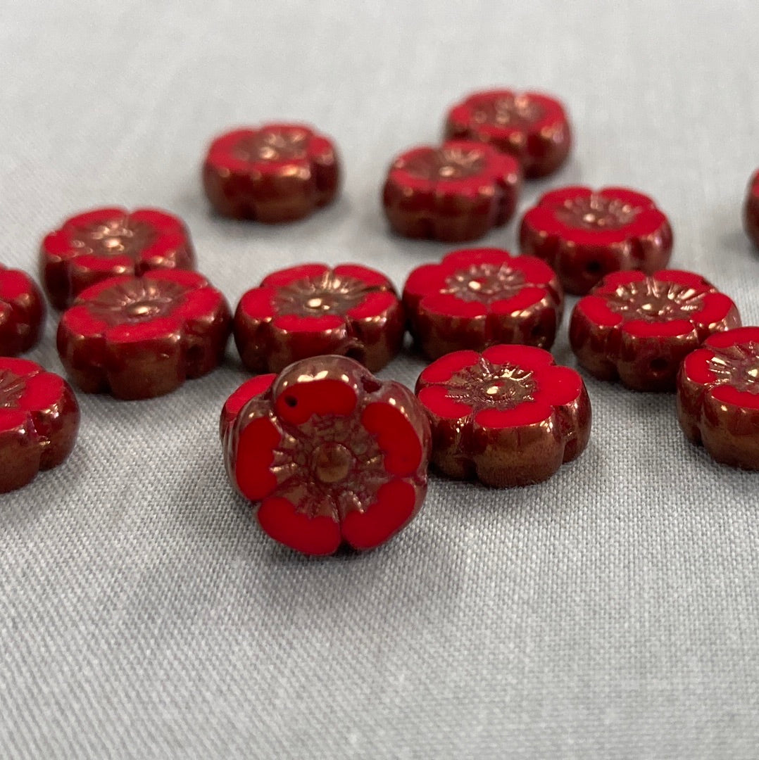 9mm Hibiscus Flower - Scarlet Red with Bronze