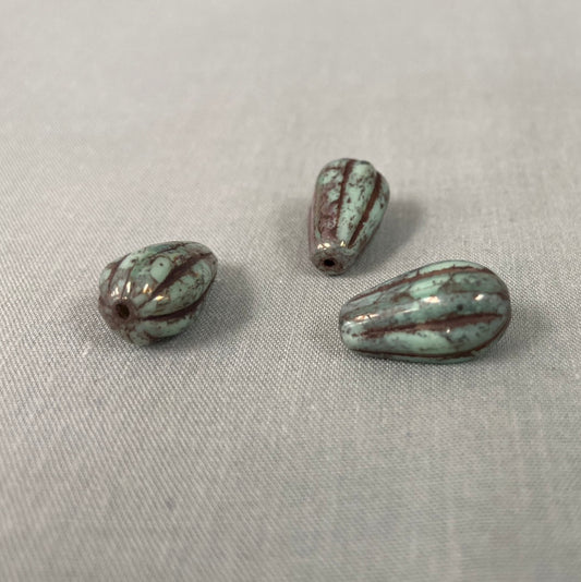 Czech Glass Melon Drop Bead - Pale Blue Green with Gold - each