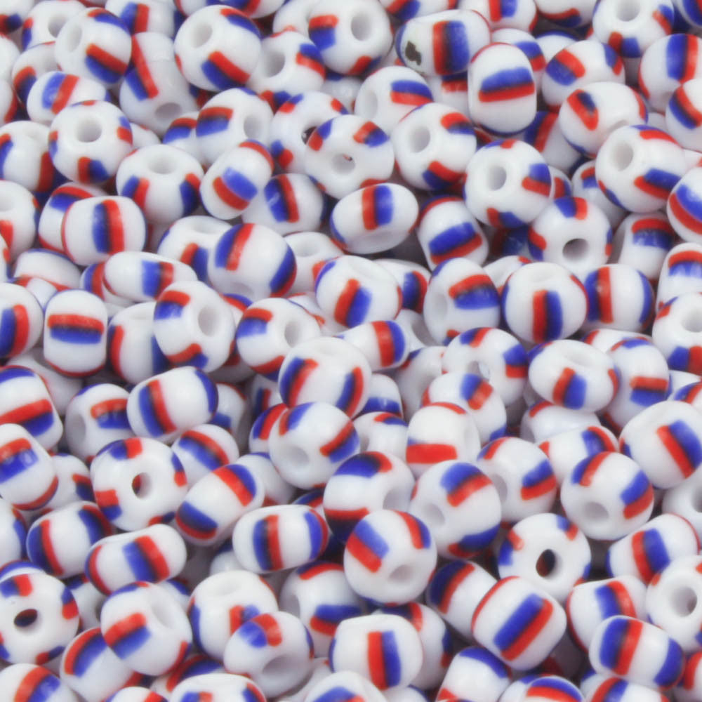 8/0 White with Red and Blue Stripe - 10 grams
