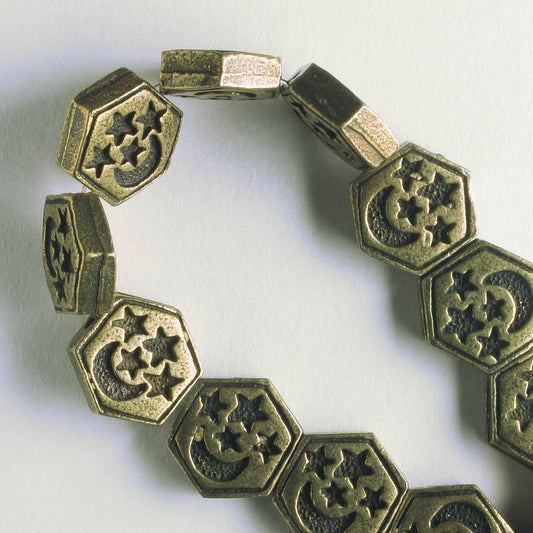 Pewter Beads, Brass Plated - 8" Strand