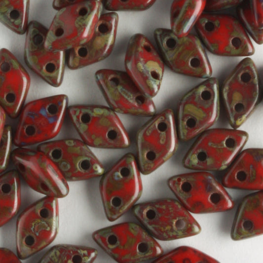 2 Hole Diamond Opaque Red Picasso - 5 grams